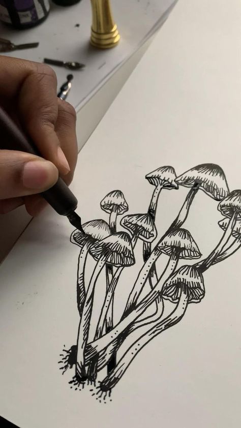 Whimsical Tattoos, Mystical Tattoos, Bright Tattoos, Fineliner Art, Mushroom Tattoos, Stylish Tattoo, Mushroom Drawing, Delicate Tattoo, Drawing Ink