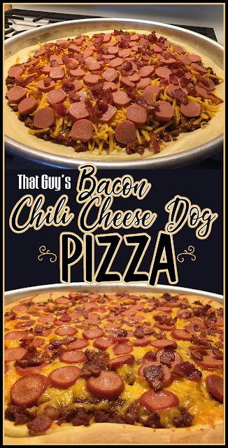 That Guy Cooks: That Guy's Bacon Chili Cheese Dog Pizza Chili Dog Pizza, Chili Cheese Dog Pizza, Hot Dog Pizza Recipes, Specialty Pizza Ideas, Specialty Pizza, Stromboli Recipes, Chili Pizza, Dog Pizza, Hot Dog Pizza