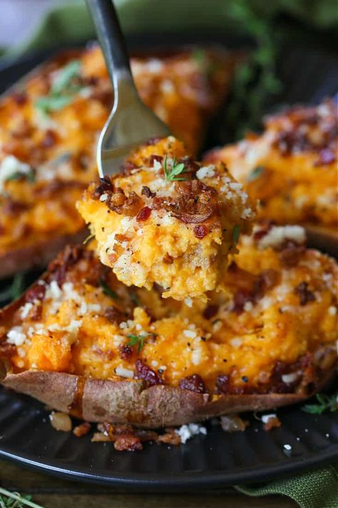 Twice Baked Sweet Potatoes are not only gorgeous, but the flavor is unbelievable! A sweet potato filling mixed with butter and bacon! Twice Baked Sweet Potato Recipes, Baked Sweet Potato Recipes, Unique Potato Recipes, Twice Baked Sweet Potato, Ww Sides, Unique Side Dishes, Potato Filling, Sweet Potato Recipes Baked, Twice Baked Sweet Potatoes