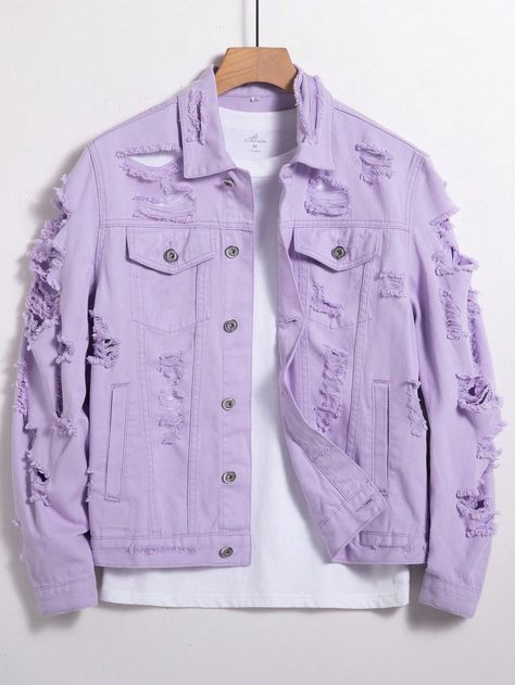 Men 1pc Ripped Frayed Denim Jacket Ripped Cotton Denim Jacket For Streetwear, Ripped Blue Cotton Denim Jacket, Ripped Blue Denim Outerwear, Ripped Light Wash Button-up Outerwear, Ripped Light Wash Button-up Denim Jacket, Frayed Denim Jacket, Frayed Denim, Purple Fashion, Online Clothing Stores