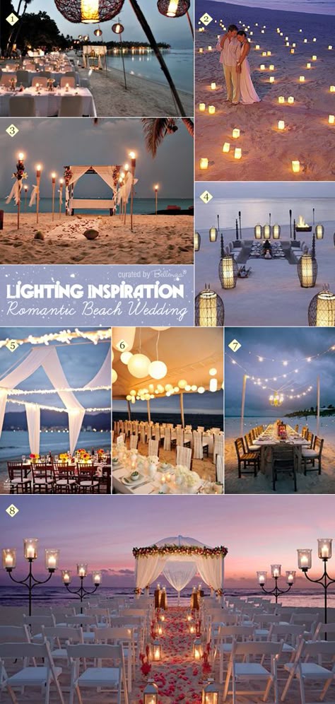 Creative ideas for how to apply lighting and candles at a beach wedding as featured on the Wedding Bistro at Bellenza.  http://www.bellenza.com/wedding-ideas/diy-projects/creative-ways-of-incorporating-lights-at-a-beach-wedding.html  #beachweddings #outdoorweddings #nightweddings #lightingatweddings Beach Recipes, Romantic Beach Wedding, Dream Beach Wedding, Beach Wedding Decorations, Salou, Beach Theme Wedding, Wedding Destination, Wedding Candles, Wedding Lights