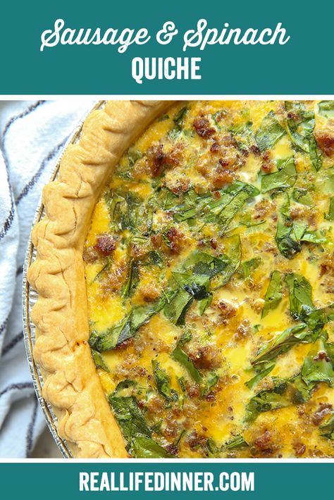 Sausage and Spinach Quiche ~ https://reallifedinner.com Sausage And Kale Quiche, Lucky Spinach Quiche, Quiche With Sausage And Cheese, Egg And Sausage Quiche, Italian Sausage Quiche Recipes, Turkey Sausage Quiche Recipes, Sausage Mushroom Spinach Quiche, Sausage Spinach Quiche Recipes, Sausage Quiche Recipes Easy