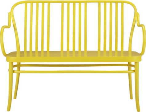 Sonny Yellow Bench  | Crate and Barrel Sonny Yellow Bench. 45.7"Wx21.5"Dx34.6"H Machine- and hand-made Bent beechwood Plywood seat Mortise and tenon joinery with reinforcing screws Lacquer finish For indoor use only Made in Poland  Overall DimensionsWidth: 45.7" Depth: 21.5" Height: 34.6" Seat HeightHeight: 17.5" Seat DepthDepth: 21.5 Yellow Bench, Kitchen Table Bench, Black Bench, Kitchen Banquette, Entryway Benches, Cozy Den, Entryway Bench Storage, Crate Barrel, Kitchen Benches