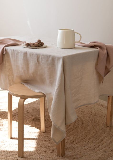 Beige linen tablecloth, square, rectangular linen table cloth, custom size table linens Beige Linen Table Cloth, Table Cloth Linen, Dining Table Photoshoot, Table Cloth Aesthetic, Muslin Tablecloth, Tablecloth Aesthetic, Table Cover Ideas, Beige Table Cloth, Dining Room Table Cloth