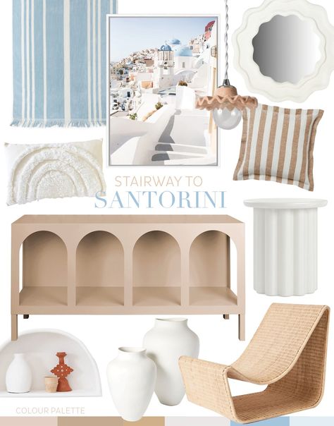 Trend: Stairway to Santorini — Adore Home Magazine Santorini Room Interior Design, Santorini Home Decor, Santorini Inspired Bedroom, Santorini Greece Interior Design, Greece Themed Room, Greece Themed Bedroom, Santorini Furniture, Santorini Style Home, Greek Home Interior