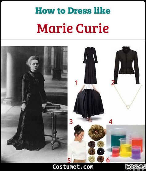 Marie Curie costume is a black conservative long-sleeved gown with a high crew neckline. Her hair is tied in a messy bun. She also wears a minimalist necklace.            #Female #icon #female #scientist #MarieCurie Mad Scientist Costume Female, Marie Curie Costume, Madam Curie, Science Costumes, Mad Scientist Costume, Female Scientist, Sleeved Gown, Costume Closet, Radium Girls