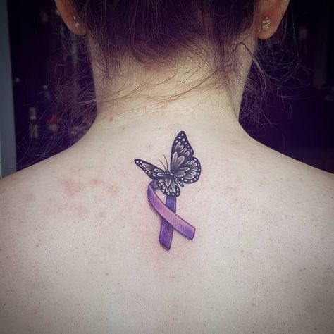 Jerry on Instagram: “Cutesy little purple ribbon and butterfly for this girl for Crohn's disease. . . . #butterly #purpleribbon #ribbon #tattoo #cute…” Purple Ribbon Tattoos, Crohns Tattoo, Tattoo Cute, Awareness Tattoo, Band Tattoos, Ribbon Tattoos, Tattoo Henna, Side Tattoos, Purple Ribbon