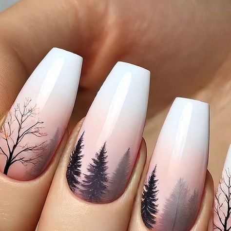 Tamara Margaryan on Instagram: "Nature-Inspired Nail Art 🌿✨  Check out this stunning nature-inspired nail art! 🌳🌸 The beautiful blend of trees and subtle profiles creates a dreamy, ethereal effect on a soft pink and white gradient. Perfect for anyone who loves unique and artistic nail designs. 💅💕  #nailart #naturenails💅 #doubleexposure #naildesign" Mountain Wedding Nails, Nails Acrylic Winter Colors, Alaska Inspired Nails, Glass Looking Nails, Nature Nails Acrylic, Fall Tree Nail Designs, Nature Nail Ideas, Hard Nails Designs, Lighthouse Nails