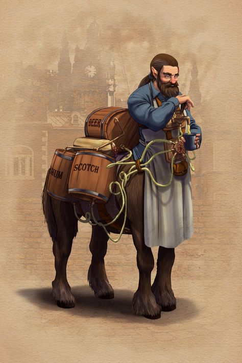 Fantasy Centaur Art, Librarian Concept Art, Dnd Cook Character Art, Western Dungeons And Dragons, Centaur And Human Couple, Centaur Cowboy, Centaur Artificer, Centaur Character Art, Dnd Cook