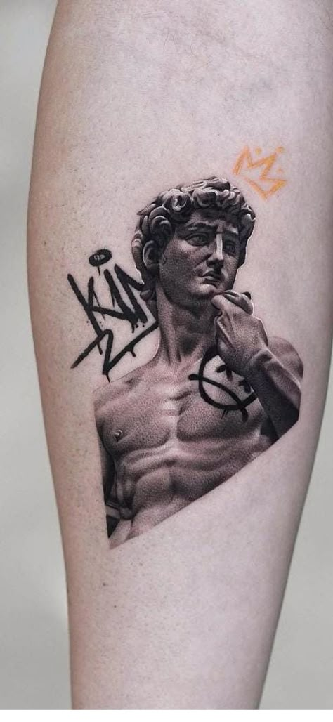 Tattoo Inspired Art, Small Realism Tattoo Men, The David Tattoo, Micro Sleeve Tattoo, Friday Kahlo Tattoo, Michelangelo Tattoo Hands, Modern Tattoo Men, Microrealism Tattoo Men, David Statue Tattoo