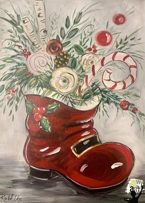 Painted Christmas Canvas Ideas, Santa Paintings Easy, Reindeer Christmas Painting, Diy Santa Painting, Christmas Acrylic Painting Ideas, Cool Stuff To Paint, Santa Boots Decoration, Santa Paintings On Canvas, Easy Santa Painting