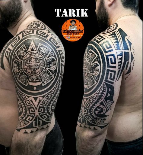 Aztec Tattoos Sleeve, Mayan Tattoos, Tattoo On Shoulder, Aztec Tattoo Designs, Maori Tattoo Designs, Mens Shoulder Tattoo, Aztec Tattoo, Half Sleeve Tattoos For Guys, Ornamental Tattoo