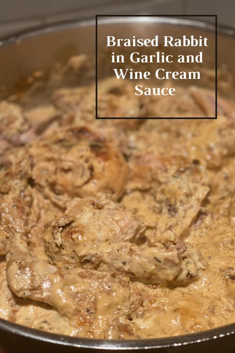 Creamy and garlicy braised rabbit Rabbit Instant Pot Recipes, Rabbit Recipes For Dinner, Rabbit Recipes Easy, Crockpot Rabbit Recipe, Rabbit Legs Recipe, Squirrel Recipe, Braised Rabbit Recipe, Rabbit Cooking, Easy Rabbit Recipe