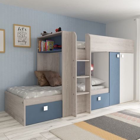 20  Practical Small Shared Kids Bedroom Ideas & Tips (2024) - DrExplains Cama Closet, Bed With Wardrobe, Wooden Bunk Beds, Elevated Bed, Bunk Beds With Stairs, Bunk Beds With Storage, Bunk Bed Designs, Bunk Bed With Trundle, Bed Storage Drawers