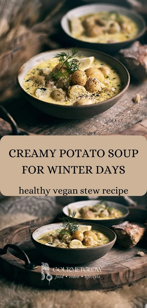 Stay cozy and warm this winter with our Potato, Fennel, Lemon & Dill Soup with Miso and Sauerkraut recipe! Not only does it taste amazing, it's a perfect blend of vegan stew and immunity-boosting ingredients. ❄️ Winter Solstice Soup, Lemon Dill Soup, Solstice Food, Cold Summer Soups, Asian Noodle Soups, Soup Food Photography, Healthy Stew Recipes, Dill Soup, Vegan Stew Recipes