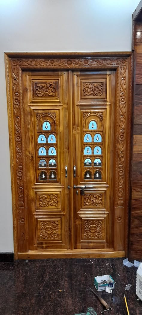 Devudi Mandiram Door Designs, Pooja Room Wood Door Design, Pooja Room Door Design Wood Carving, Puja Room Door Design, Mandir Door, Temple Doors, Wooden Window Design, Temple Door, Pooja Door