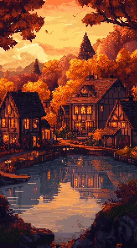 Cozy Pixel Art Wallpaper, Cozy Pixel Art, Autumn Village, Pixel Art Wallpaper, Background Ideas, Phone Background, Phone Backgrounds, Art Wallpaper, Pixel Art