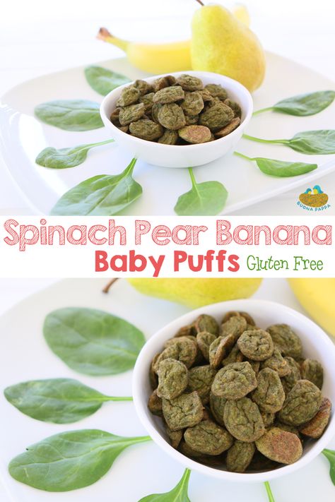 Spinach Pear Oat Banana Baby Puffs  6M Gluten Free. A baby puffs nutritious combo, loaded with vitamins, iron and protein. An healthy snack to your little one! Homemade Baby Puffs, Fingerfood Baby, Baby Food Combinations, Baby Food By Age, Baby Puffs, Baby Led Weaning Recipes, Healthy Baby Food, Healthy Food Facts, Baby Snacks