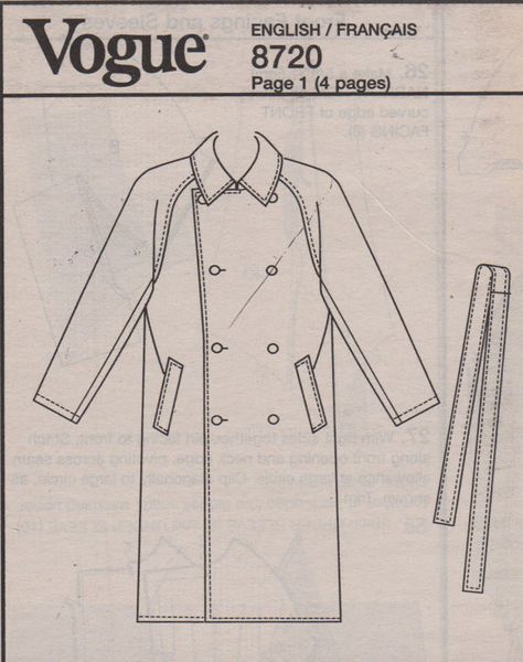 Vogue 8720 Mens Coat and Belt Pattern Trench Coat Pattern Trench Coat Pattern, Belt Pattern, Knee Length Coat, Coat Patterns, Raglan Sleeve, Mens Coats, Double Breasted, Trench Coat, Knee Length