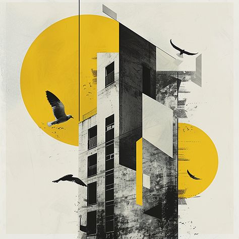 An abstract collage featuring urban architecture, birds in flight, and geometric shapes with a yellow circle background. Modern and artistic design. #ArtsyAF #SurrealVibes #QuirkyArt #CollageMagic #OrangeSlicePortrait #FlowerPower #ProfilePicGoals #ArtisticVision #PinterestInspo #CreativeCollage #collage Urban Collage, Create Poster, Artistic Collage, Geometric Collage, Popular Artwork, Yellow Circle, Elevator Design, Circle Background, Architecture Life