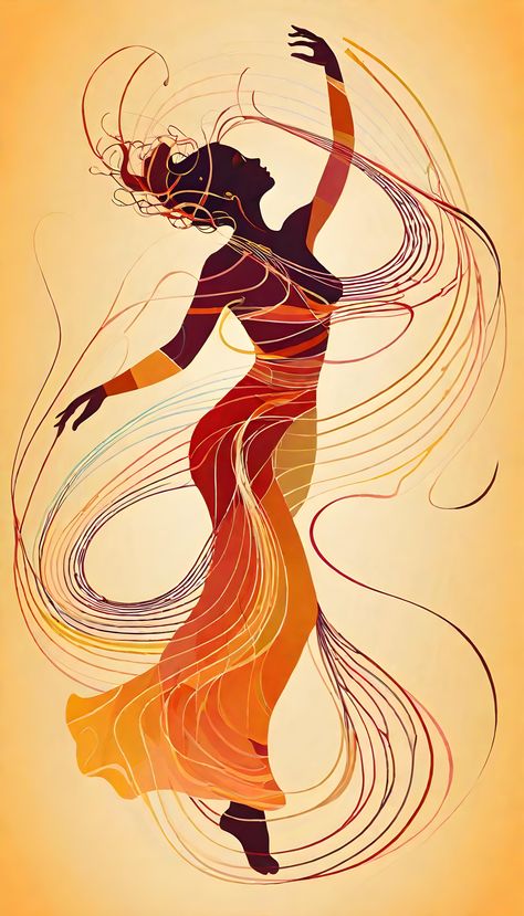 An abstract visualization of a woman's dance, depicted through a series of flowing lines and curves that evoke the essence of musical notations and sound waves. The graceful movements of the dance are captured in the fluidity of the lines, creating a sense of rhythm and harmony that resonates with the viewer. Each curve and wave embodies the energy and passion of the dancer, conveying a story of beauty and emotion through the language of art. Dance Art Painting, Dancer Line Art, Flowing Rhythm, Freedom Dance, Goddess Illustration, Moodboard Art, Dance Backpack, Dancing Drawing, Human Movement