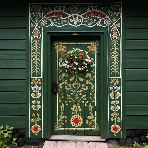 Cabinet Door Stencils, Norwegian Door Painting, Swedish Folk Furniture, Folk Art Door Painting, Floral Painted Front Door, Scandinavian Folk Art Door, Hand Painted Doors Ideas, Folk Art Doorway, Swedish Folk Art Furniture