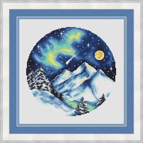 Bright Cross Stitch, Polar Lights, Planets And Stars, Cross Stitch Landscape, Winter Cross Stitch, Polar Light, Chart Design, French Knot, Modern Cross Stitch Patterns