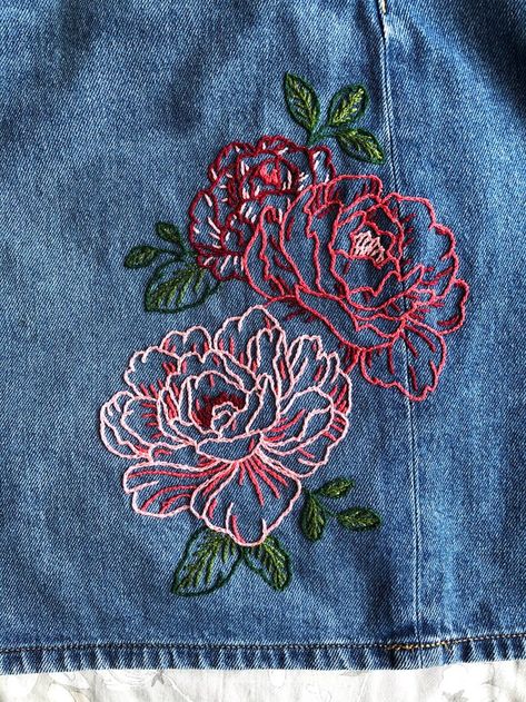 Peonies on the side of a denim skirt - pattern from DMC, I just changed up the colours a bit - Embroidery Denim Floral Embroidery, Floral Embroidery On Clothes, Denim Hand Embroidery, Embroidery Flowers On Clothes, Embroidery In Denim, Embroidery Jeans Jacket Diy, Denim Embroidery Dress, Floral Embroidery Jeans, Embroidery Designs Denim Jacket