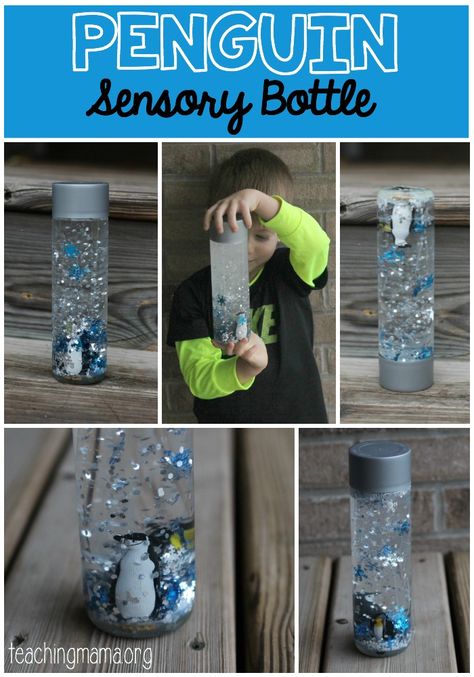 Penguin Sensory Bottle Teaching Mama, Discovery Bottles, Sensory Bottle, Winter Unit, Sensory Bags, Penguin Party, Sensory Crafts, Polar Animals, Toddler Sensory