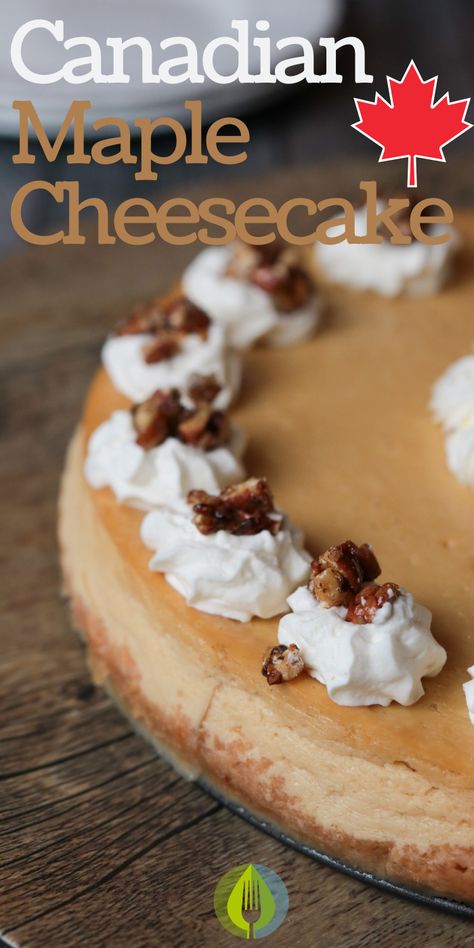 Made with Canadian whisky this cheesecake is layered with real maple flavour. Perfect for fall entertaining. Thanksgiving recipe. Desserts Maple Caramel Cheesecake, Pumpkin Maple Cheesecake, Maple Bourbon Cheesecake, Desserts Made With Maple Syrup, Maple Cheesecake Recipe, Maple Glazed Pecans, Maple Dessert Recipes, Bourbon Cheesecake, Maple Cheesecake