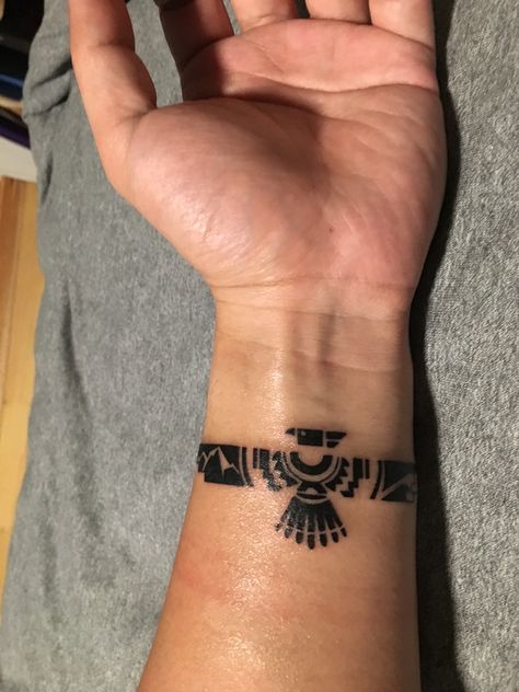 Aztec Wrist Tattoo, Women Cuff Tattoo, Small Aztec Tattoo For Men, Western Bird Tattoo, Native American Thunderbird Tattoo, Thunderbird Tattoo Meaning, Western Arm Tattoos, Gio Tattoo, Small Aztec Tattoo