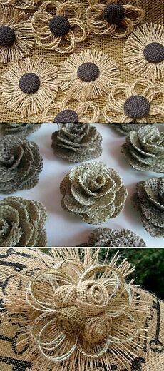 Flower idea Twine Flowers, Twine Crafts, Diy Flores, Burlap Projects, Jute Crafts, Burlap Crafts, Burlap Flowers, Cloth Flowers, 자수 디자인