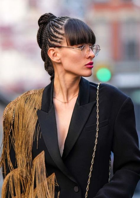 Katya Tolstova hair style: corn rows and bold bangs Cornrow With Bangs, Cornrows With Bangs, Front Bangs, Bangs Ponytail, Braided Bangs, Straight Bangs, Side Bangs, Platinum Blonde Hair, Cornrows Braids