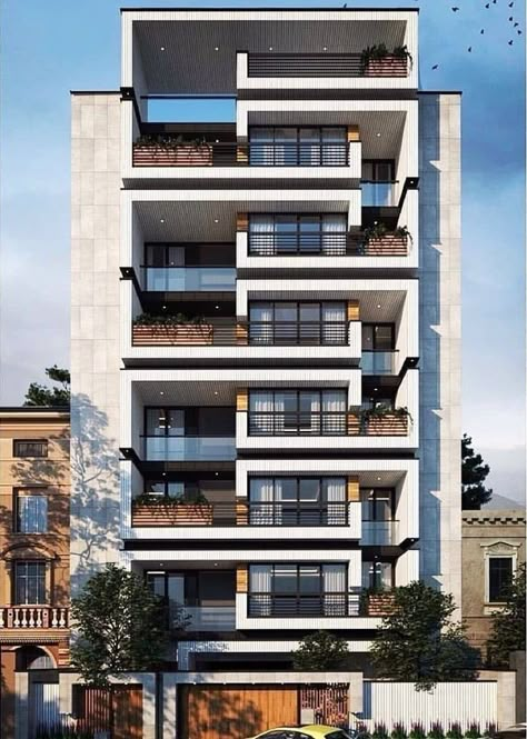 Apartment Front Elevation Design, Apartment Elevation Ideas, Apartment Elevation Design Modern, Residential Building Elevation Design, High Rise Apartment Architecture, Commercial Apartment Building, Commercial Residential Building Design, Residential Building Elevation, Multifamily Architecture