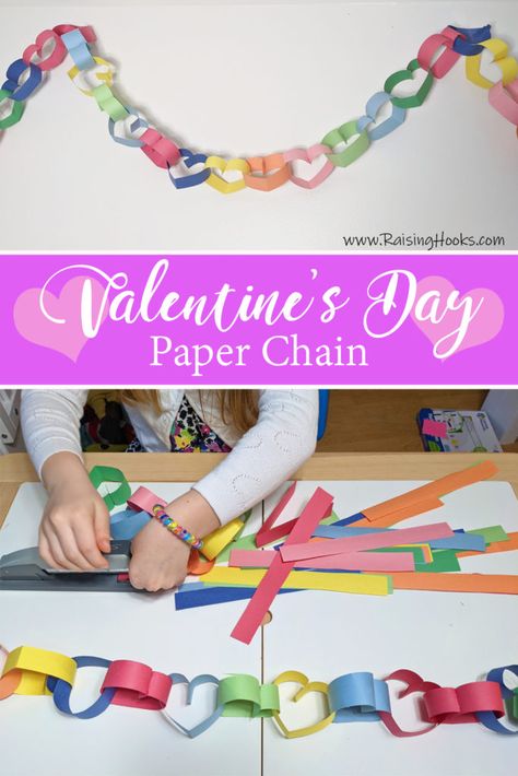 Paper Chain Valentines, Paper Links Chain, Construction Paper Chain, Paper Chain Necklace, Heart Chain Paper, Paper Chain Hearts, Valentine Paper Chain, Heart Paper Chain, Heart Chain Craft