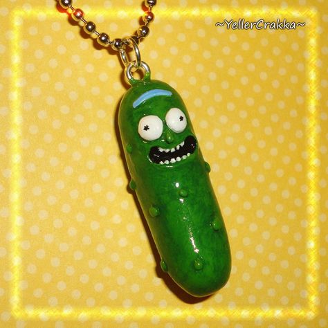 This is a little Pickle Rick Necklace, based on the character from Rick and Morty that I've handmade.  This little guy is also for sale in my online shop here: The charm is completely handmade... Pickle Rick, Clay Keychain, Get Schwifty, Tanah Liat, Rick Y Morty, Clay Diy Projects, Clay Things, Polymer Clay Jewelry Diy, Cute Polymer Clay