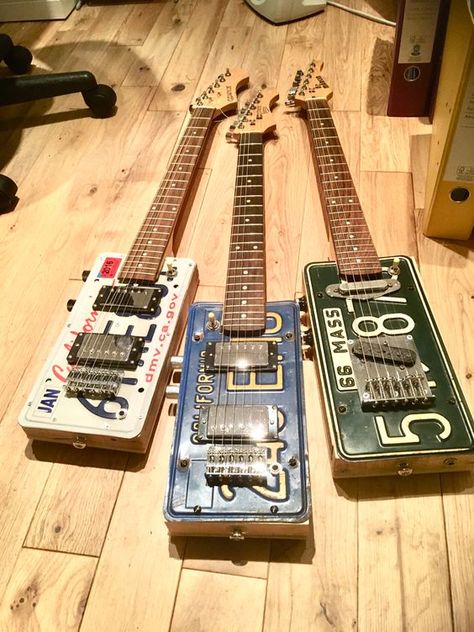 Rick on Twitter: "Three custom license plate guitars (yea or nay) https://t.co/XZBH3ZEn0F" / Twitter Diy Guitars, Weird Guitars, Homemade Guitar, Guitar Aesthetic, Juniper Green, Homemade Instruments, Diy Guitar, Resonator Guitar, Electric Guitar Design