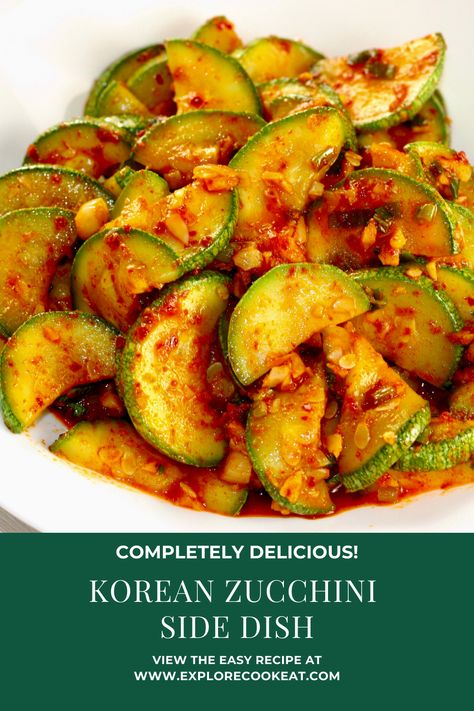 You won't believe how delicious this Korean Zucchini Side Dish is!  Spicy and yummy awesome banchan to accompany your next Korean meal!  #banchan #zucchini #koreansidedish #koreanzucchini Korean Squash Side Dish, Asian Zucchini Salad, Zucchini Kimchi Recipe, Korean Zucchini Recipes, Korean Squash Recipes, Asian Zucchini Side Dish, Gochujang Zucchini, Korean Zucchini Side Dishes, Zucchini Banchan