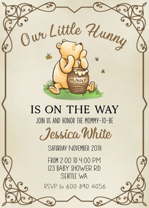 Winnie The Poo Gender Revel, Winne The Pooh Baby Shower Invitation, Pooh Bear Baby Shower Invitations, Pooh Bear Themed Baby Shower Ideas, Winnie Pooh Baby Shower Invitations, Little Bear Baby Shower Ideas, Baby Shower Theme Winnie The Pooh, A Little Hunny Is On The Way, Winnie The Pooh Baby Shower Invites