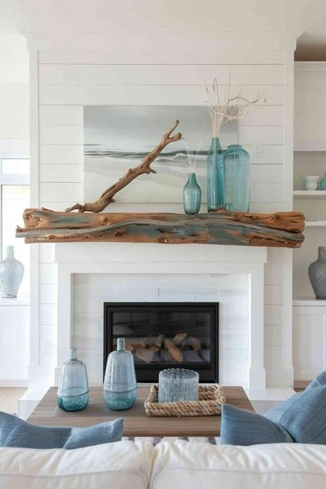 Fireplace Coastal Decor, Beach Cottage Fireplace Ideas, California Coastal Fireplace, Blue And White Fireplace, Fireplace Artwork Ideas, Coastal Farmhouse Fireplace, Beachy Fireplace, Beach House Fireplace Ideas, Lakehouse Fireplace