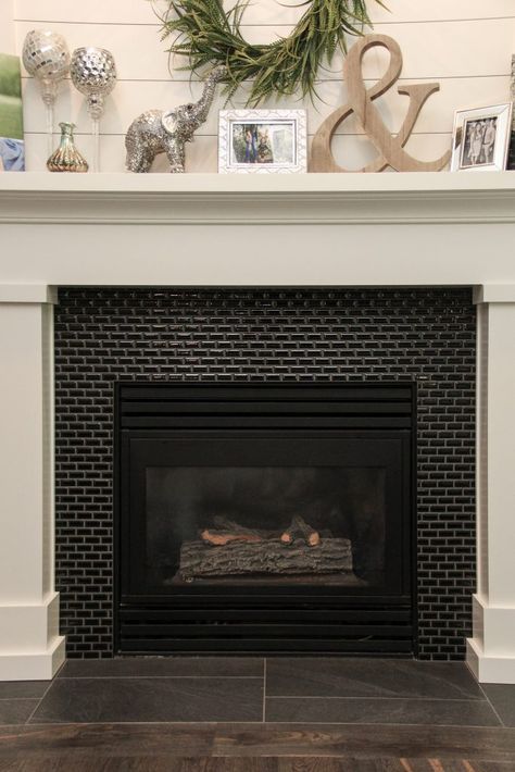 Black Tiled Living Room Fireplace Mosaic Tile Fireplace Surround, Black Tile Around Fireplace, Black Tile Fireplace Wall, Simple Fireplace Ideas, Hexagon Tile Fireplace, Pellet Stove Ideas Living Rooms, Wood Burning Stove Ideas, Pellet Stove Ideas, Tiled Fireplace Wall