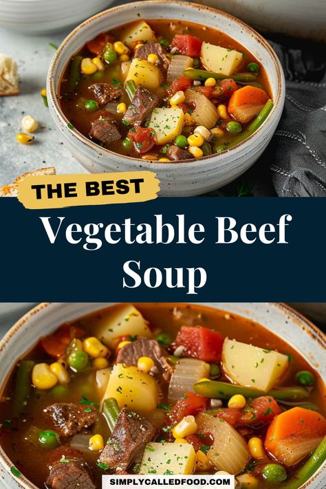 Discover the best vegetable beef soup recipe, an easy, quick, and simple homemade stew. Made with fresh vegetables, stew meat, and rich beef broth, it's perfect for a fast, keto-friendly meal. You can also add cabbage for extra nutrition. You can prepare vegetable beef soup in a Crock Pot, instant pot, slow cooker, pressure cooker, or stove top. Explore this vegetable beef soup recipe and more soup recipes at simplycalledfood.com. Vegetable Beef Soup With Barely, Beef And Vegetable Soup Instant Pot, Vegetable Beef Soup With Stew Meat, Best Vegetable Beef Soup, Beef And Veggie Soup, Vegetable Beef Soup Recipes, Beef Soup Crockpot, Beef Broth Soup Recipes, Soup In A Crock Pot