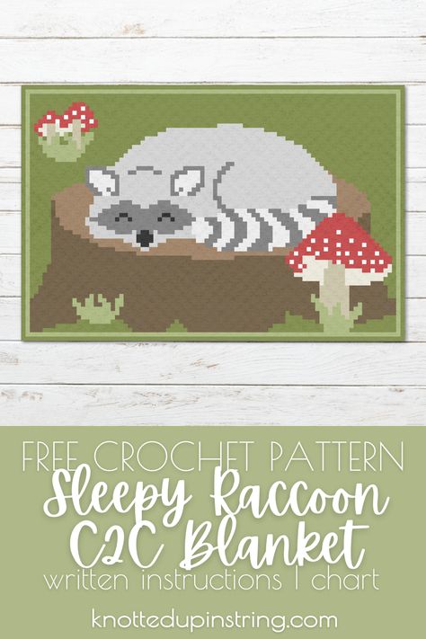 Snuggle up to woodland charm with our free C2C crochet pattern! This cozy blanket features an adorable raccoon snoozing on a tree stump, adding a touch of woodland to any nursery. With written instructions and a chart, crafting this cuddly masterpiece is a breeze. Click to create your own woodland wonder! Crochet Forest Blanket, Free C2c Graphgan Patterns, Animal Crochet Blanket, Free C2c Crochet Pattern, Woodland Crochet, Raccoon Crochet, Harley Baby, C2c Patterns, Crochet Woodland