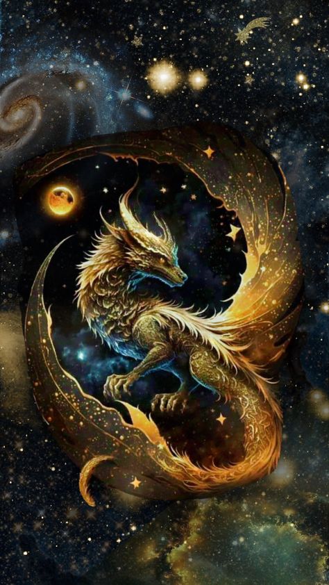 celestial guardian #dragon #galaxy # stars #nightsky #fantasy Cool Dragon Pictures, Yin Yang Tattoos, Dragon Dreaming, Dragon Artwork Fantasy, Dragon Decor, Golden Dragon, Dragon Illustration, Spiritual Artwork, Beautiful Dragon