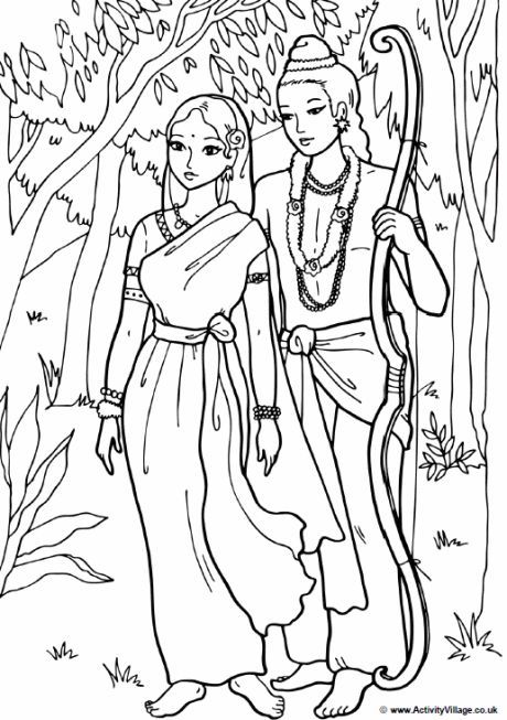 Rama and Sita colouring page; Rama and Sita wandering in the woods Sita Drawing, Rama And Sita, Diwali Story, Diwali Drawing, Rama Sita, Ram Sita, Story Drawing, Indian God, Colouring Page