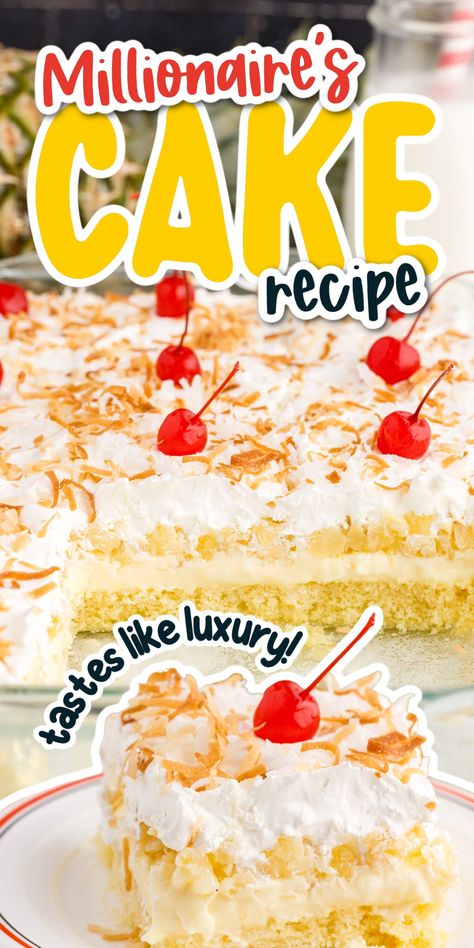 Millionaire's cake is rich, decadent, and tropical. Made with a fluffy box cake mix, with layers of pineapple, pudding, and Cool Whip. Pudding And Cool Whip, Pineapple Pudding, Sugar Free Yogurt, Cool Whip Desserts, Pineapple Dessert, Marshmallow Cake, Pineapple Dessert Recipes, Pineapple Desserts, Potluck Desserts