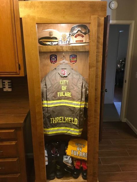 Fire fighter locker/shadow box Firefighter Helmet Display, Fire Helmet Display, Firefighter Display, Fire Dept Decor, Firefighter Man Cave, Fire Department Decor, Firefighter Room, Firefighter Photography, Firefighter Crafts