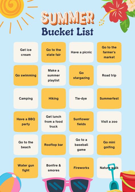 Summer Bucket List Bingo Bucket List Bingo, Summer Bucket List 2024, Summer Bingo, Fun List, Summer Schedule, Zoo Party, Summer Challenge, Summer Bucket List, Summer Fun List