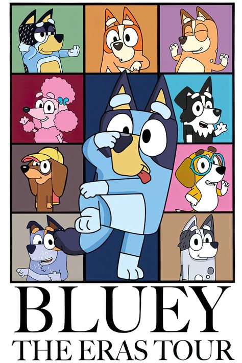 The "Bluey - The Eras Tour" poster design showcases a delightful collage featuring the beloved characters from the popular animated series, Bluey. This vibrant and playful design captures the charm and variety of the show's characters, each representing different aspects and eras of Bluey's adventures. Disney Eras Tour, Bluey Profile Photo, Bluey Cartoon Poster, Bluey Cartoon Characters, Bluey The Eras Tour, Nice Parking Spot Rita Bluey, Bluey Trunk Or Treat Ideas, Bluey Posters, Bluey Future Family