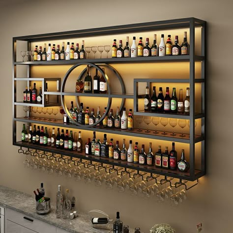 Bar Wall Design, Home Wine Bar, Modern Wine Rack, Mounted Wine Rack, Home Bar Rooms, Modern Home Bar, Bar Shelves, Diy Home Bar, Metal Wine Rack